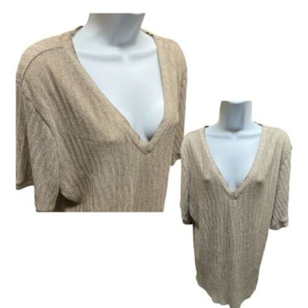 Zara Top Womens M Tan V-Neck Relaxed Plunge Rubbed Beach Longline Lightweight